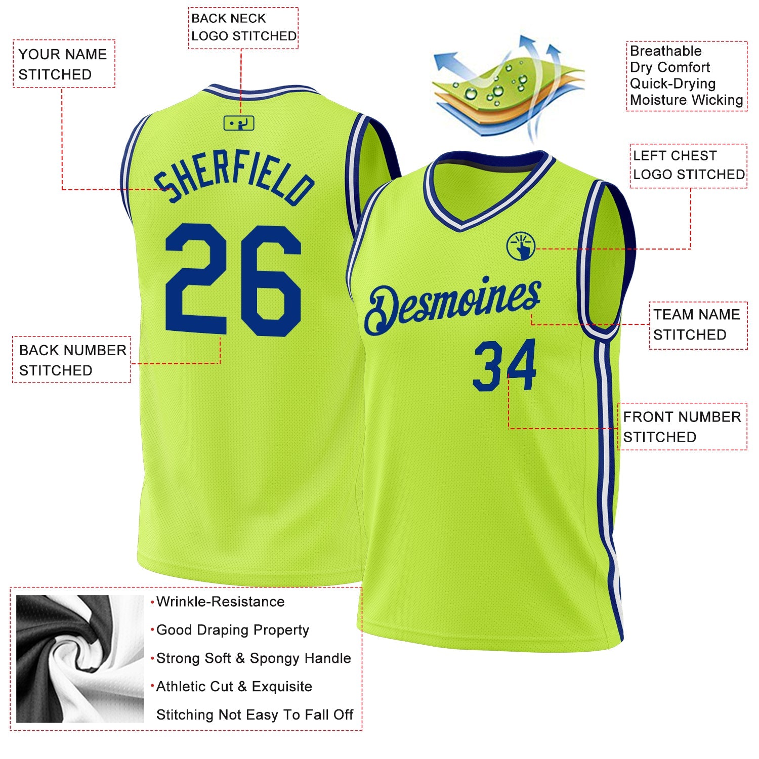 Custom Neon Green Royal-White Authentic Throwback Basketball Jersey view 3