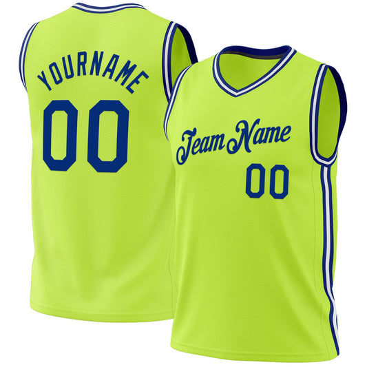 Custom Neon Green Royal-White Authentic Throwback Basketball Jersey - Main View