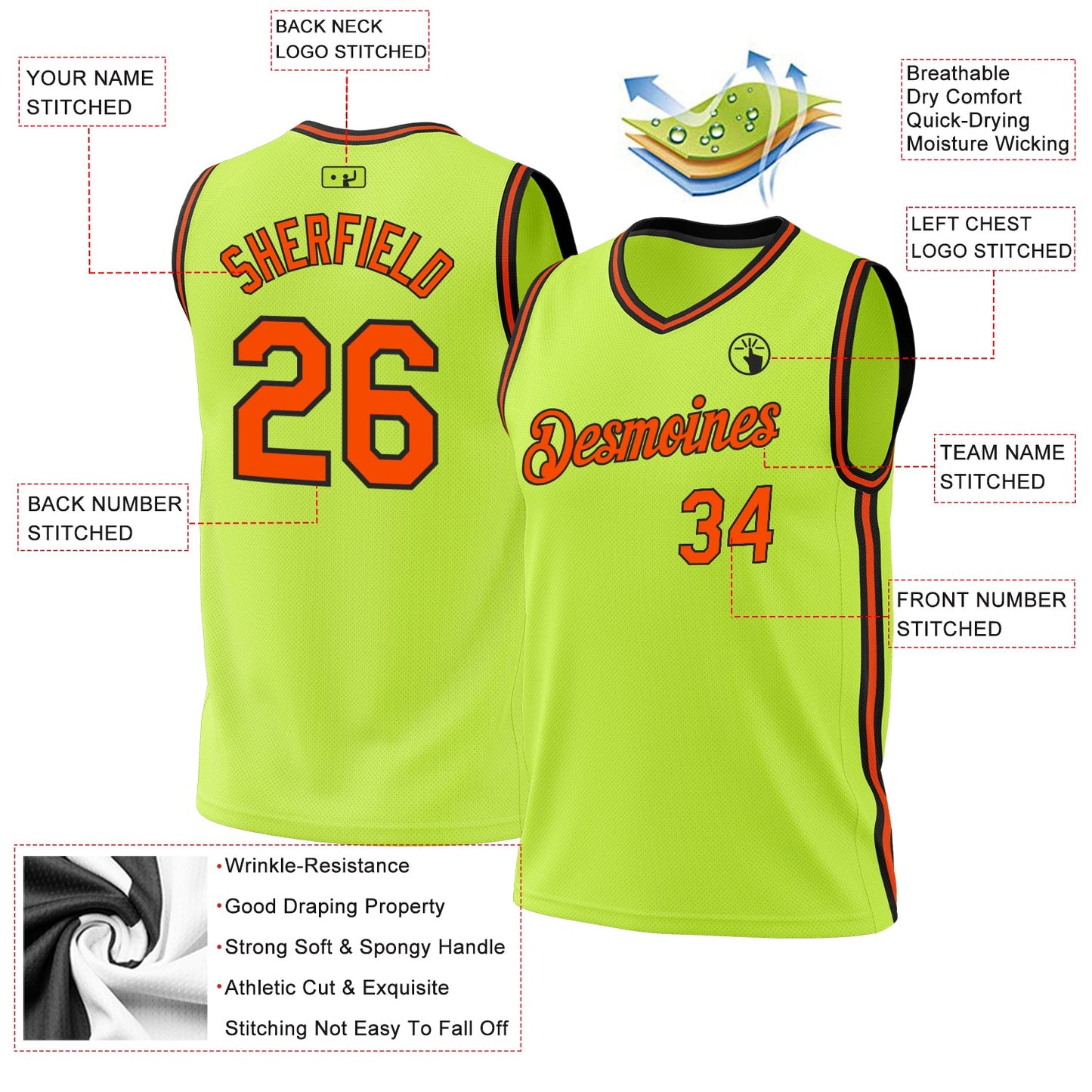 Custom Neon Green Orange-Black Authentic Throwback Basketball Jersey view 3