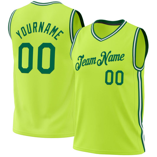 Custom Neon Green Kelly Green-White Authentic Throwback Basketball Jersey - Main View