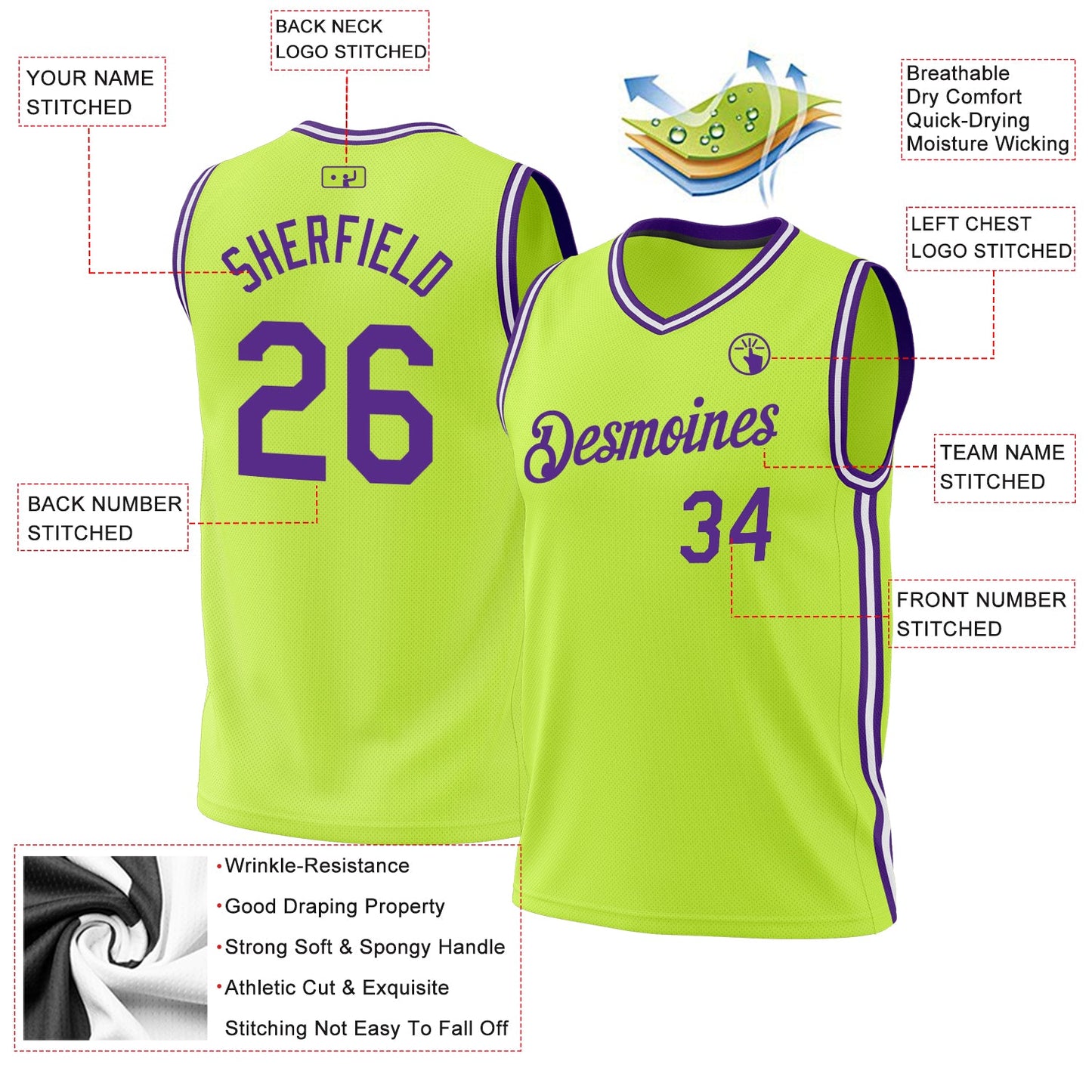 Custom Neon Green Purple-White Authentic Throwback Basketball Jersey view 3