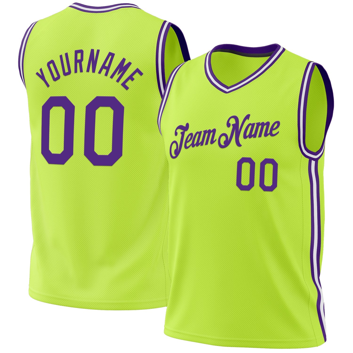 Custom Neon Green Purple-White Authentic Throwback Basketball Jersey - Main View