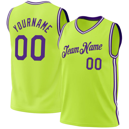 Custom Neon Green Purple-White Authentic Throwback Basketball Jersey - Main View