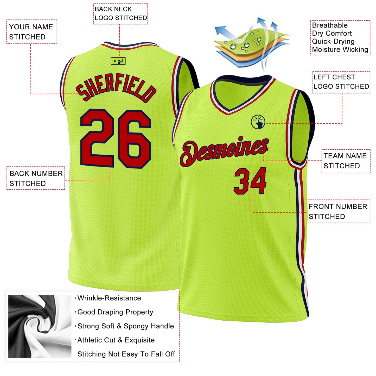 Custom Neon Green Red-Navy Authentic Throwback Basketball Jersey view 3