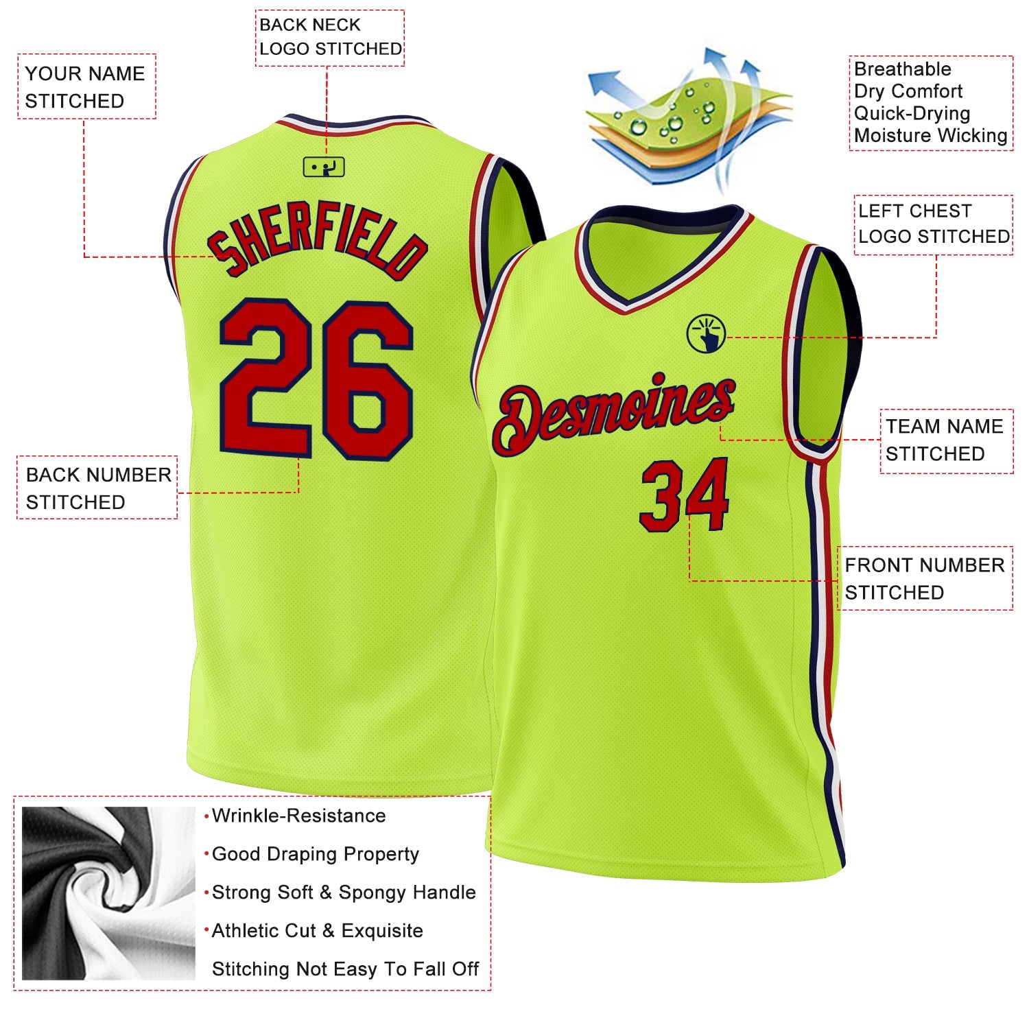Custom Neon Green Red-Navy Authentic Throwback Basketball Jersey view 3