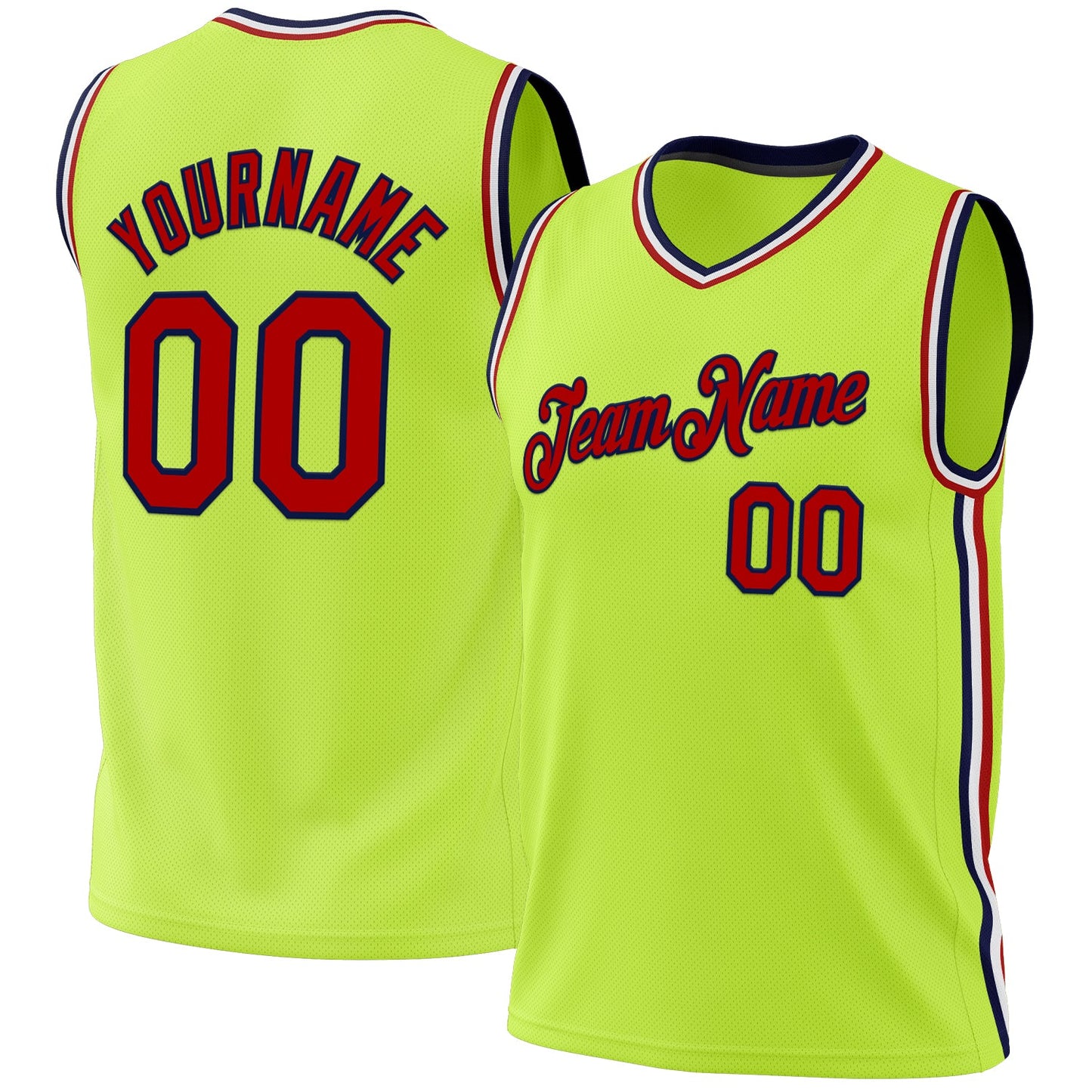 Custom Neon Green Red-Navy Authentic Throwback Basketball Jersey - Main View
