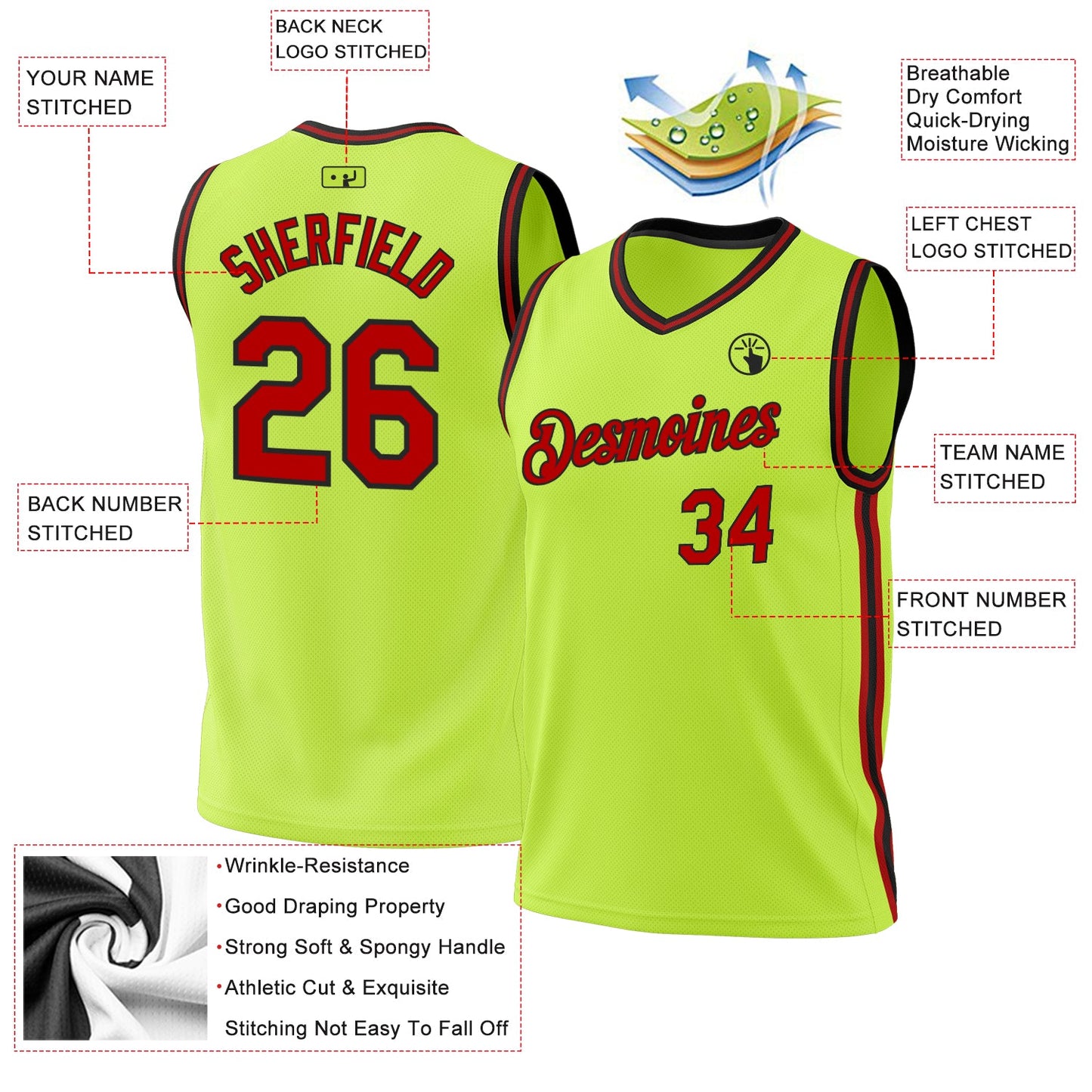 Custom Neon Green Red-Black Authentic Throwback Basketball Jersey view 3