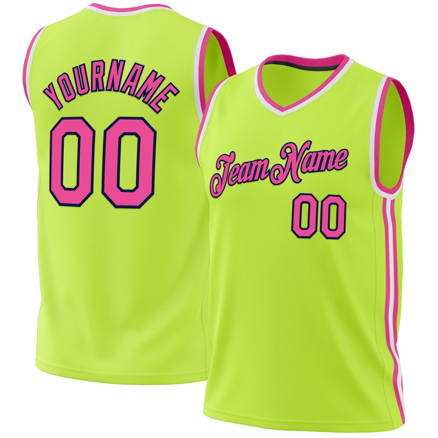 Custom Neon Green Pink Navy-White Authentic Throwback Basketball Jersey - Main View