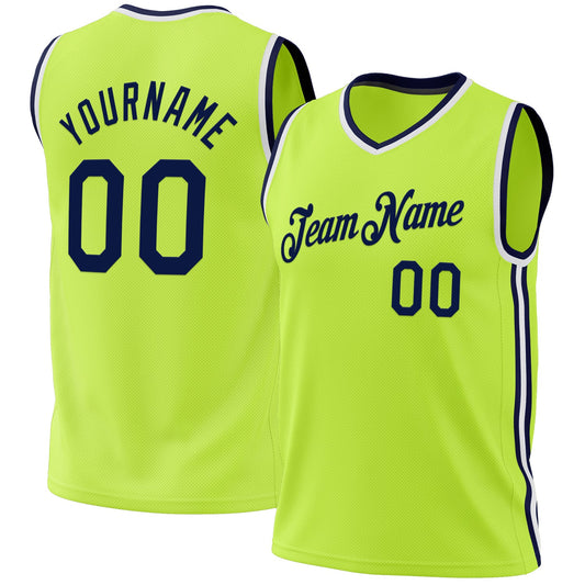 Custom Neon Green Navy-White Authentic Throwback Basketball Jersey - Main View