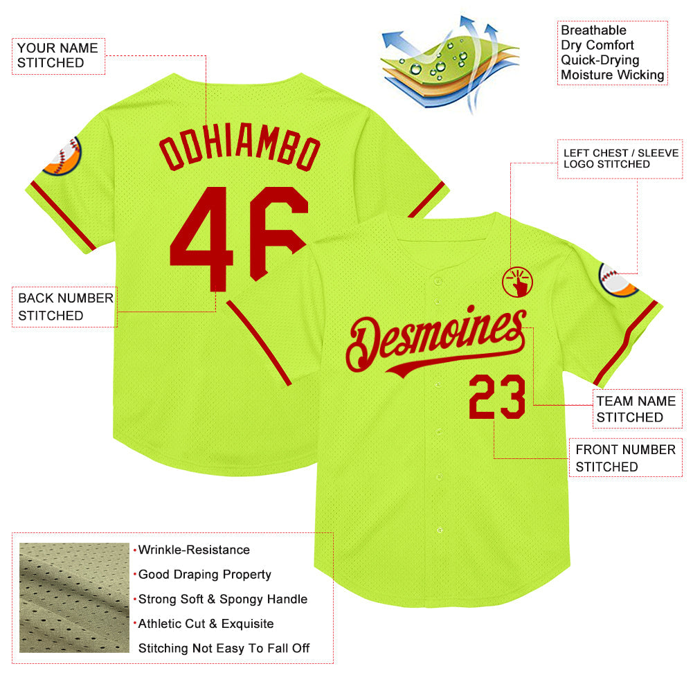 Custom Neon Green Red Mesh Authentic Throwback Baseball Jersey view 3
