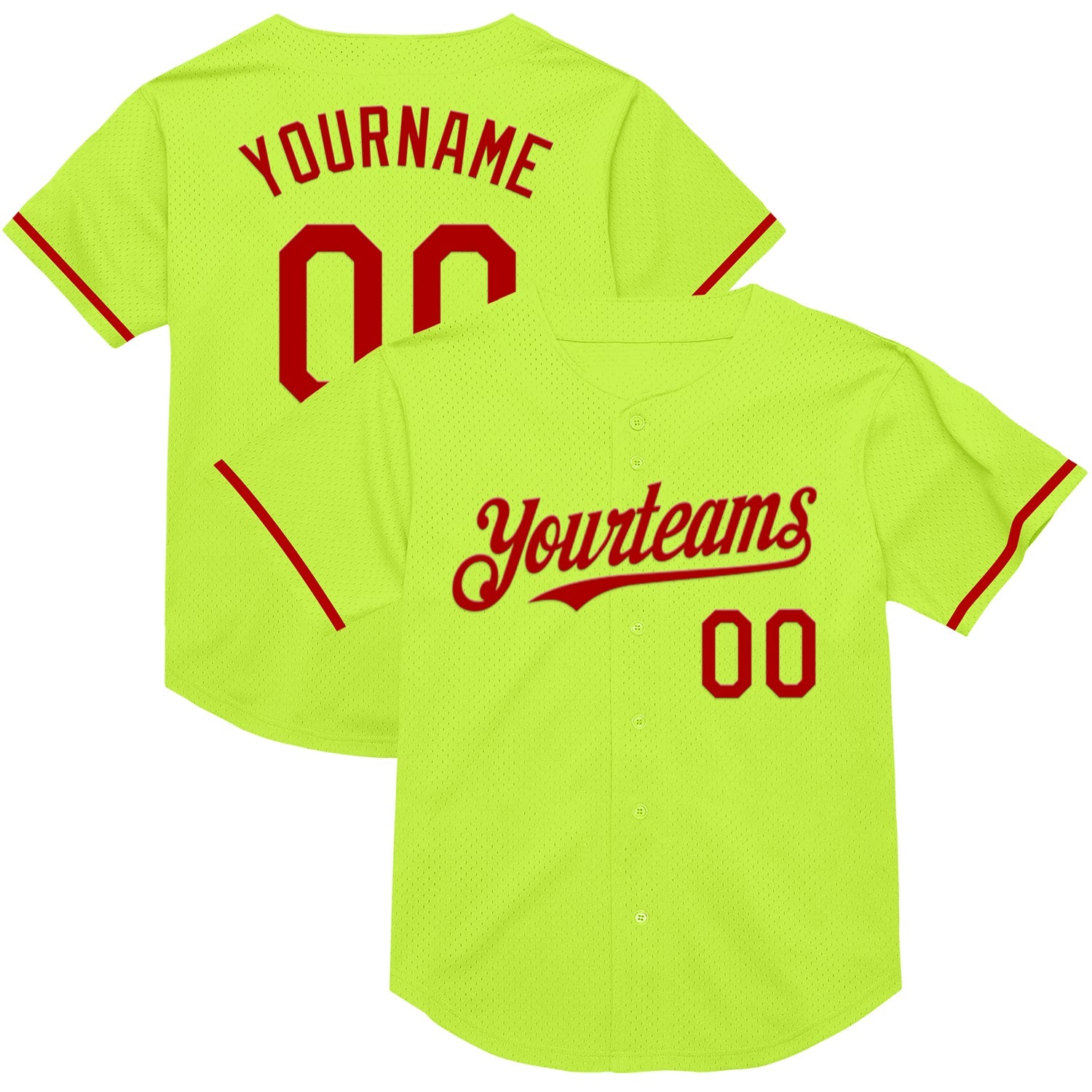 Custom Neon Green Red Mesh Authentic Throwback Baseball Jersey - Main View