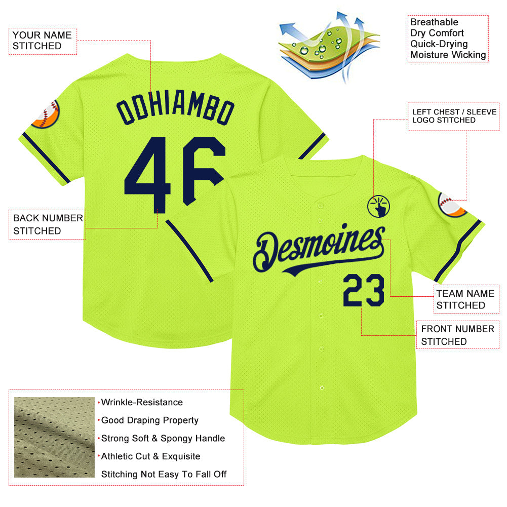 Custom Neon Green Navy Mesh Authentic Throwback Baseball Jersey view 3