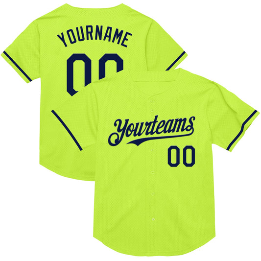 Custom Neon Green Navy Mesh Authentic Throwback Baseball Jersey - Main View