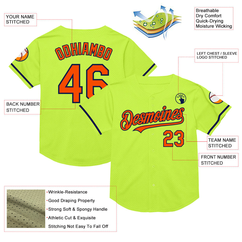 Custom Neon Green Orange-Navy Mesh Authentic Throwback Baseball Jersey view 3