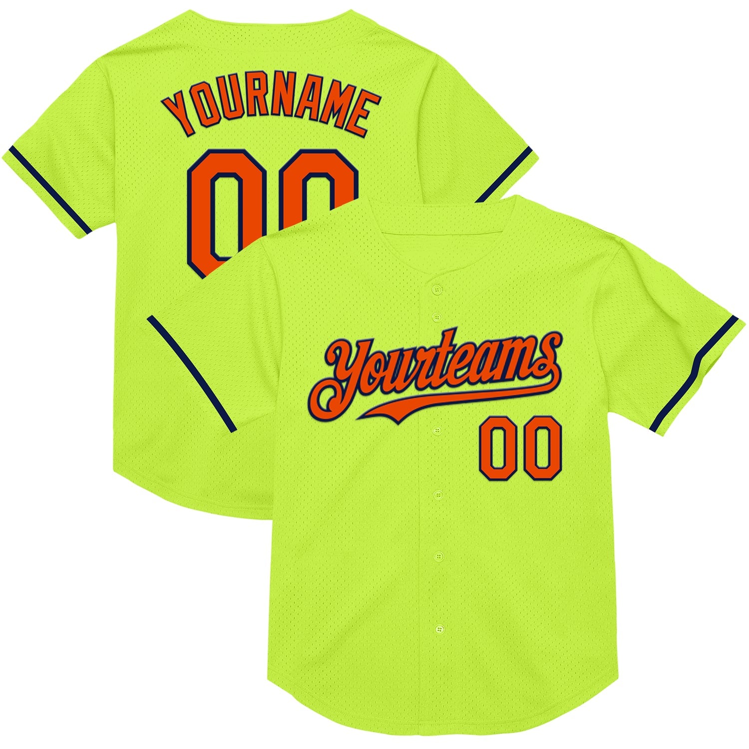 Custom Neon Green Orange-Navy Mesh Authentic Throwback Baseball Jersey - Main View