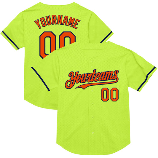 Custom Neon Green Orange-Navy Mesh Authentic Throwback Baseball Jersey - Main View