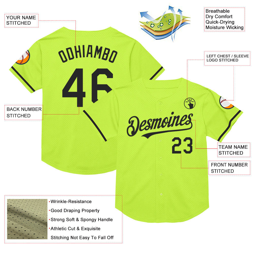 Custom Neon Green Black Mesh Authentic Throwback Baseball Jersey view 3