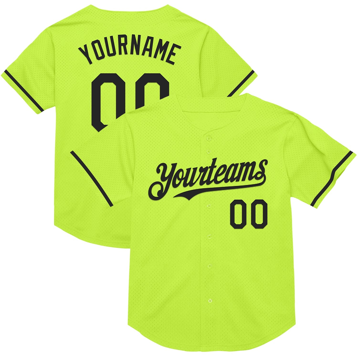 Custom Neon Green Black Mesh Authentic Throwback Baseball Jersey - Main View