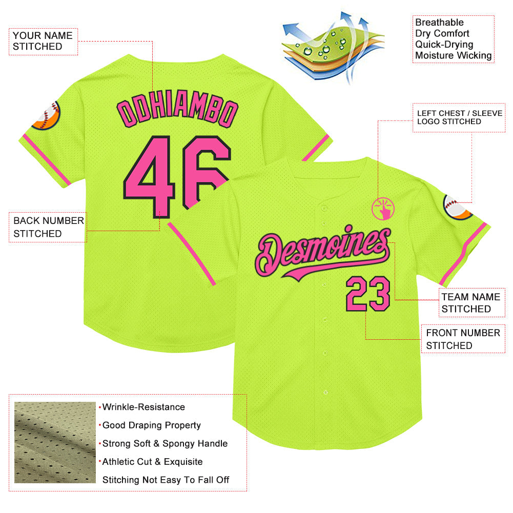 Custom Neon Green Pink-Black Mesh Authentic Throwback Baseball Jersey view 3