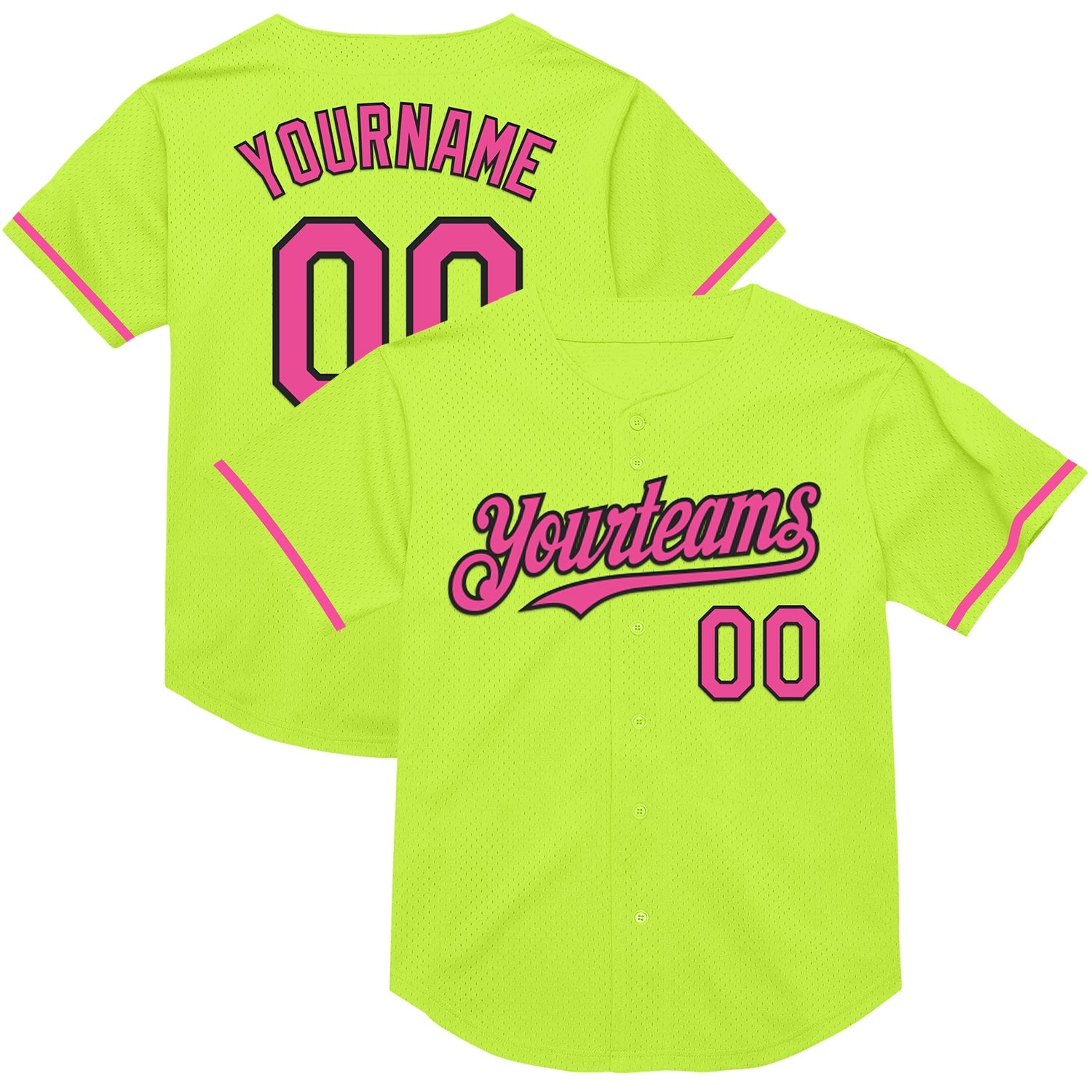 Custom Neon Green Pink-Black Mesh Authentic Throwback Baseball Jersey - Main View