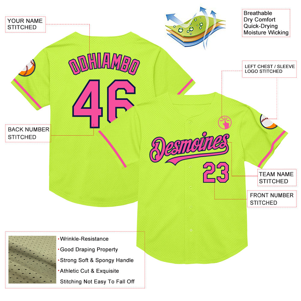 Custom Neon Green Pink-Navy Mesh Authentic Throwback Baseball Jersey view 3