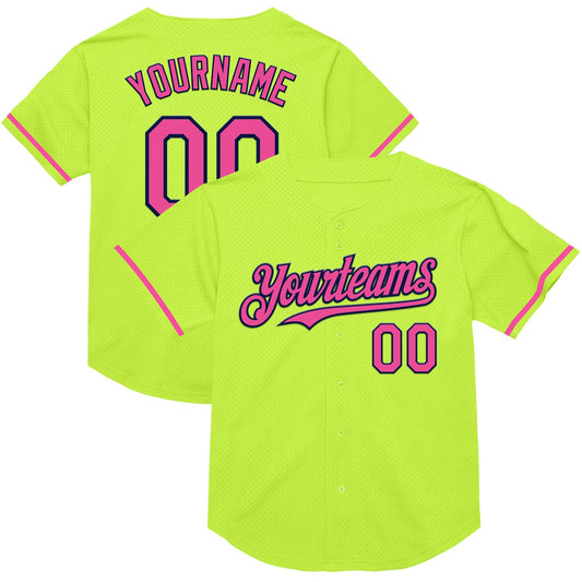 Custom Neon Green Pink-Navy Mesh Authentic Throwback Baseball Jersey - Main View