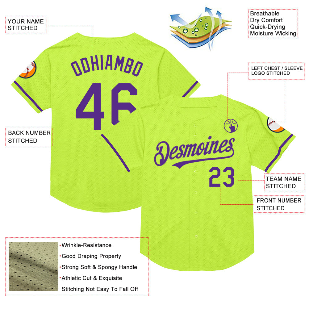 Custom Neon Green Purple Mesh Authentic Throwback Baseball Jersey view 3