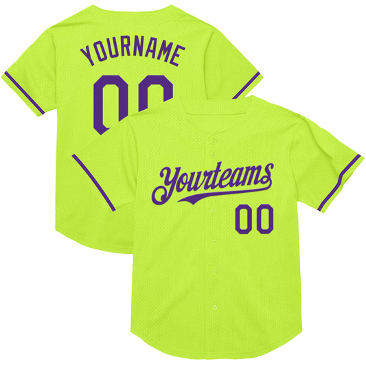 Custom Neon Green Purple Mesh Authentic Throwback Baseball Jersey - Main View