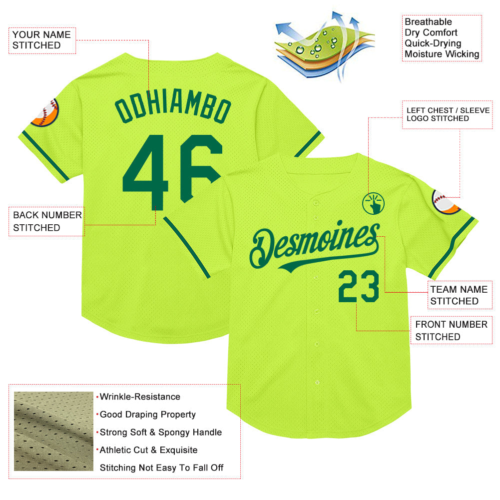 Custom Neon Green Kelly Green Mesh Authentic Throwback Baseball Jersey view 3