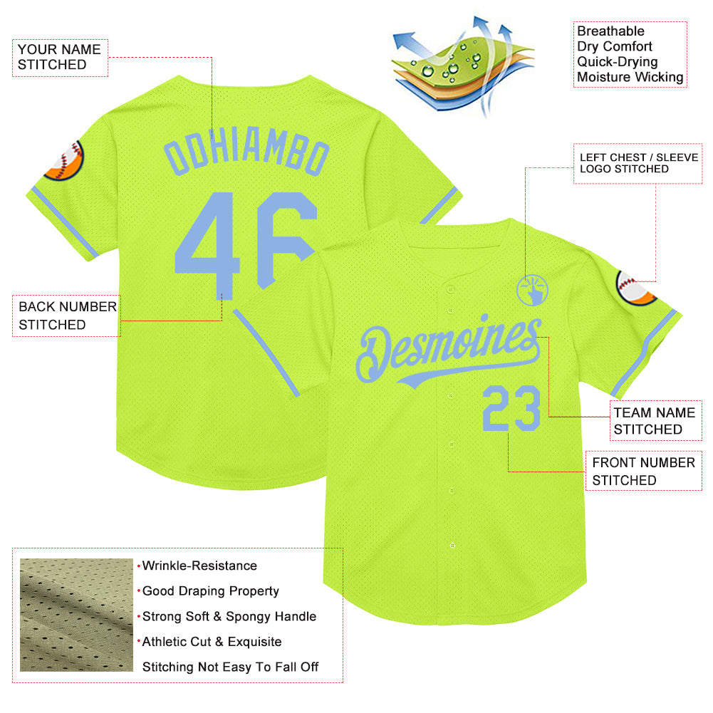 Custom Neon Green Light Blue Mesh Authentic Throwback Baseball Jersey view 3