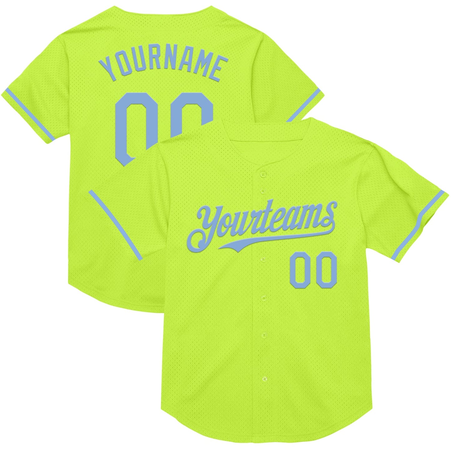 Custom Neon Green Light Blue Mesh Authentic Throwback Baseball Jersey - Main View
