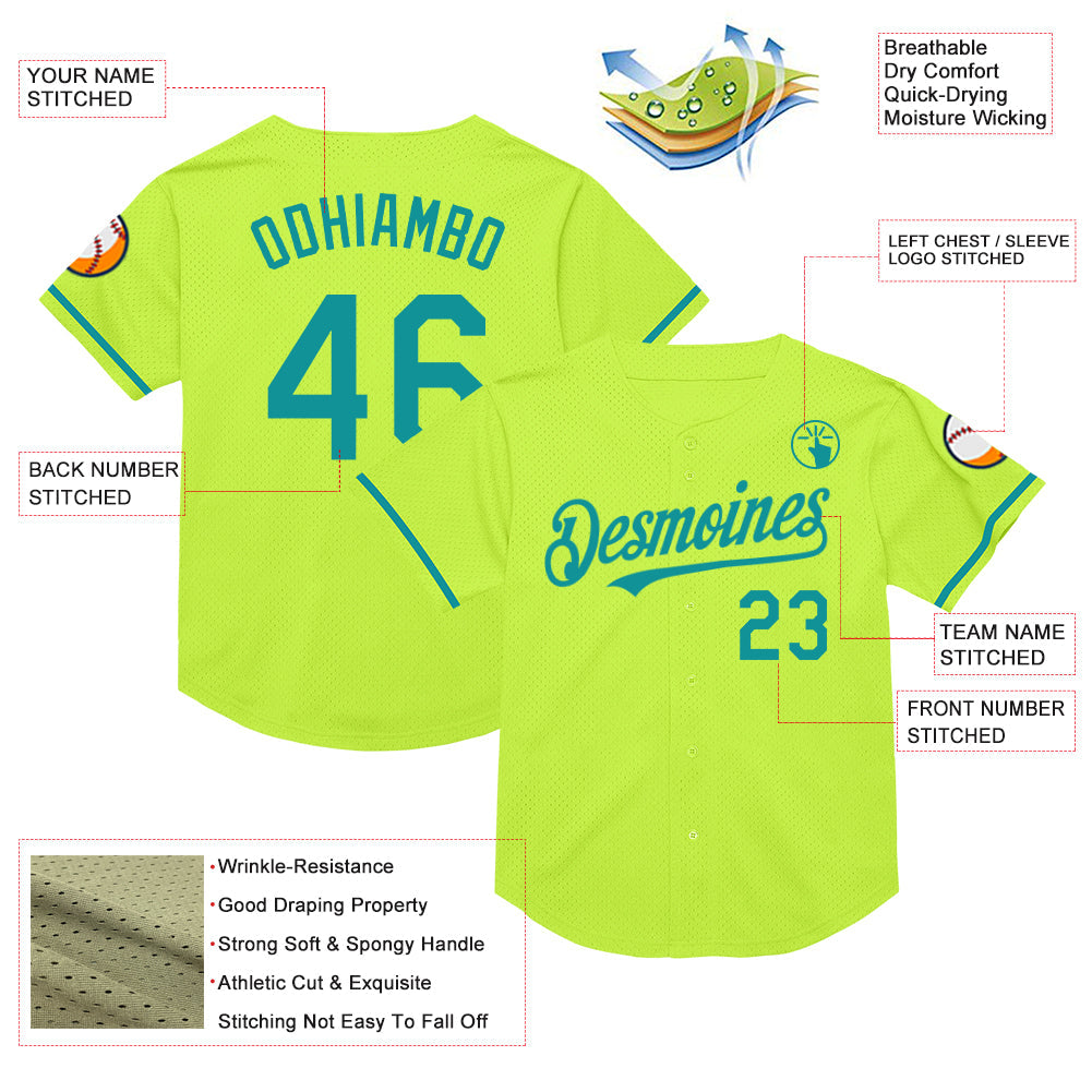 Custom Neon Green Teal Mesh Authentic Throwback Baseball Jersey view 3