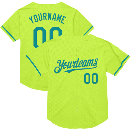 Custom Neon Green Teal Mesh Authentic Throwback Baseball Jersey - Main View