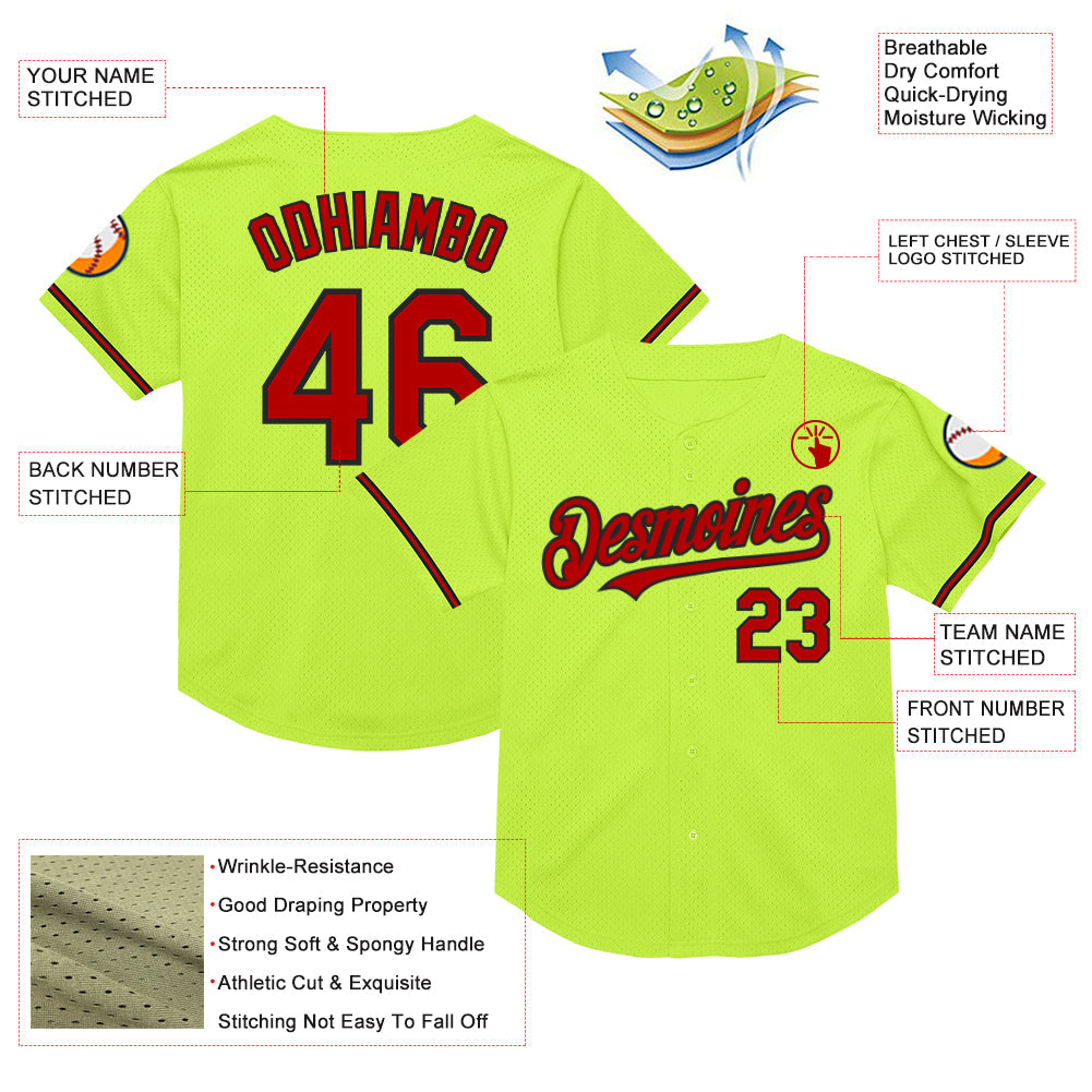 Custom Neon Green Red-Black Mesh Authentic Throwback Baseball Jersey view 3