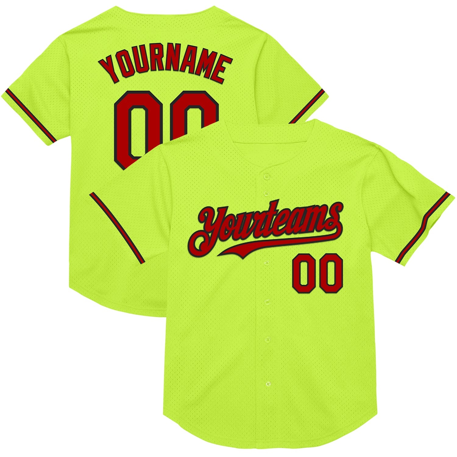 Custom Neon Green Red-Black Mesh Authentic Throwback Baseball Jersey - Main View