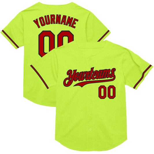 Custom Neon Green Red-Black Mesh Authentic Throwback Baseball Jersey - Main View