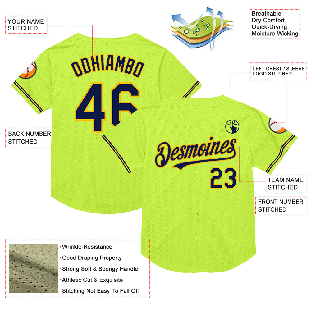 Custom Neon Green Navy-Gold Mesh Authentic Throwback Baseball Jersey view 3