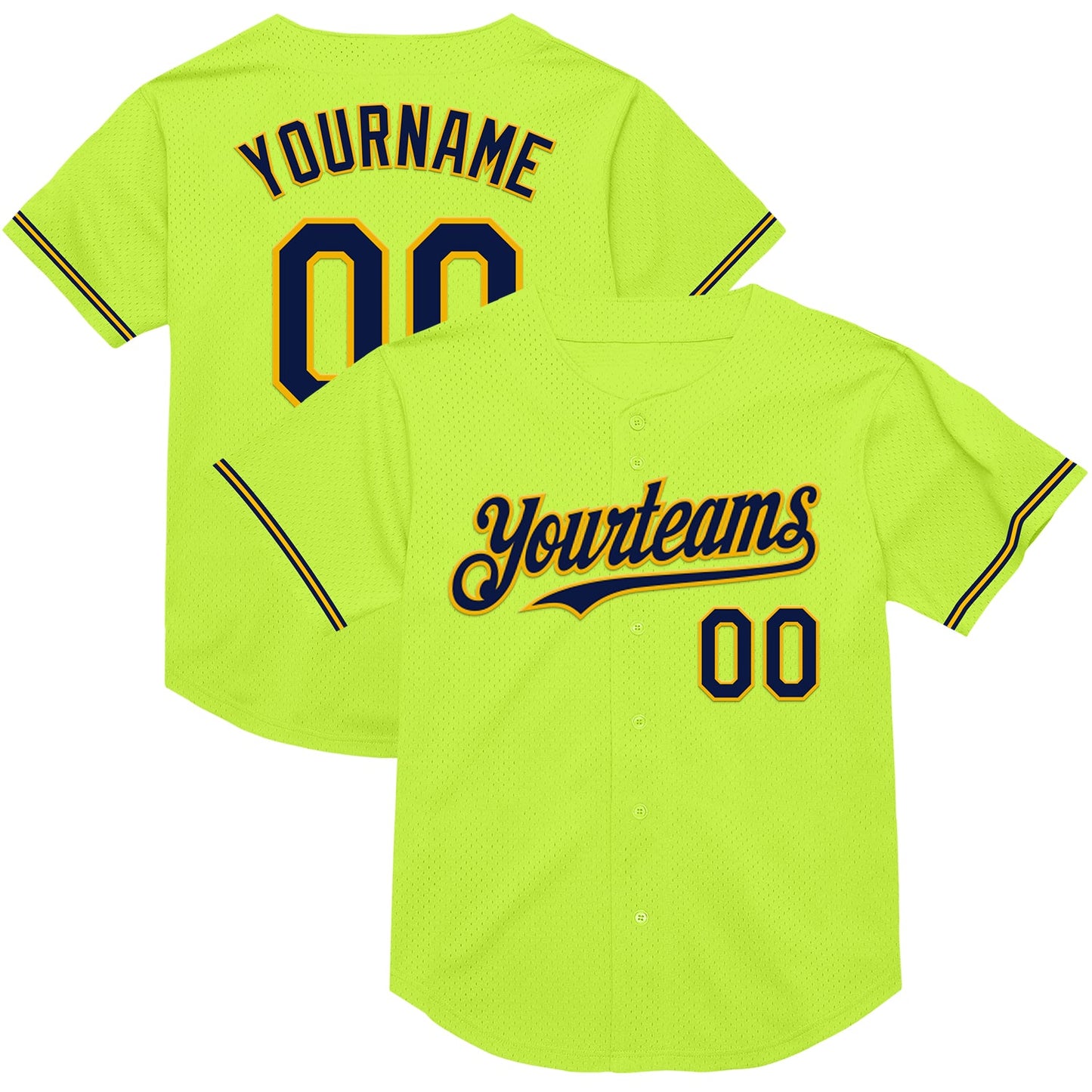 Custom Neon Green Navy-Gold Mesh Authentic Throwback Baseball Jersey - Main View