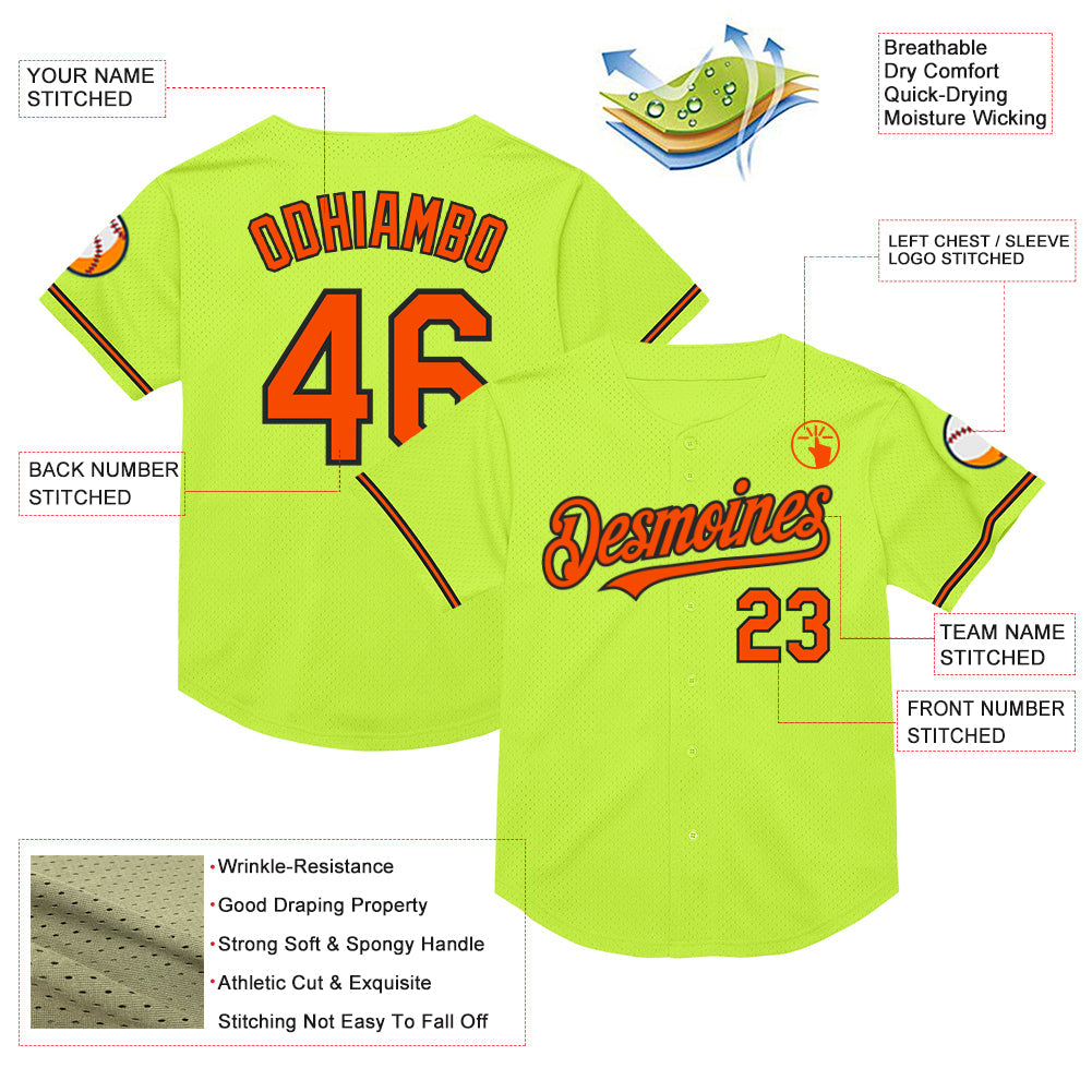 Custom Neon Green Orange-Black Mesh Authentic Throwback Baseball Jersey view 3