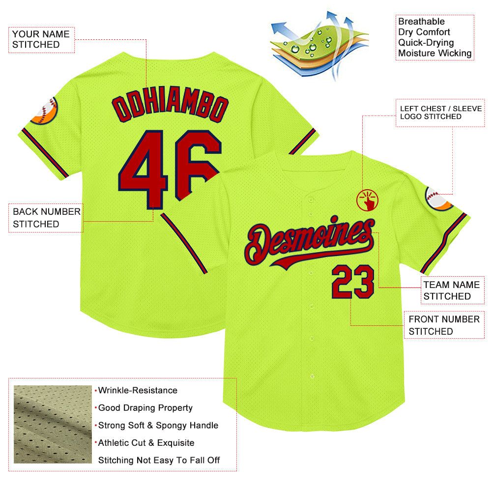 Custom Neon Green Red-Navy Mesh Authentic Throwback Baseball Jersey view 3