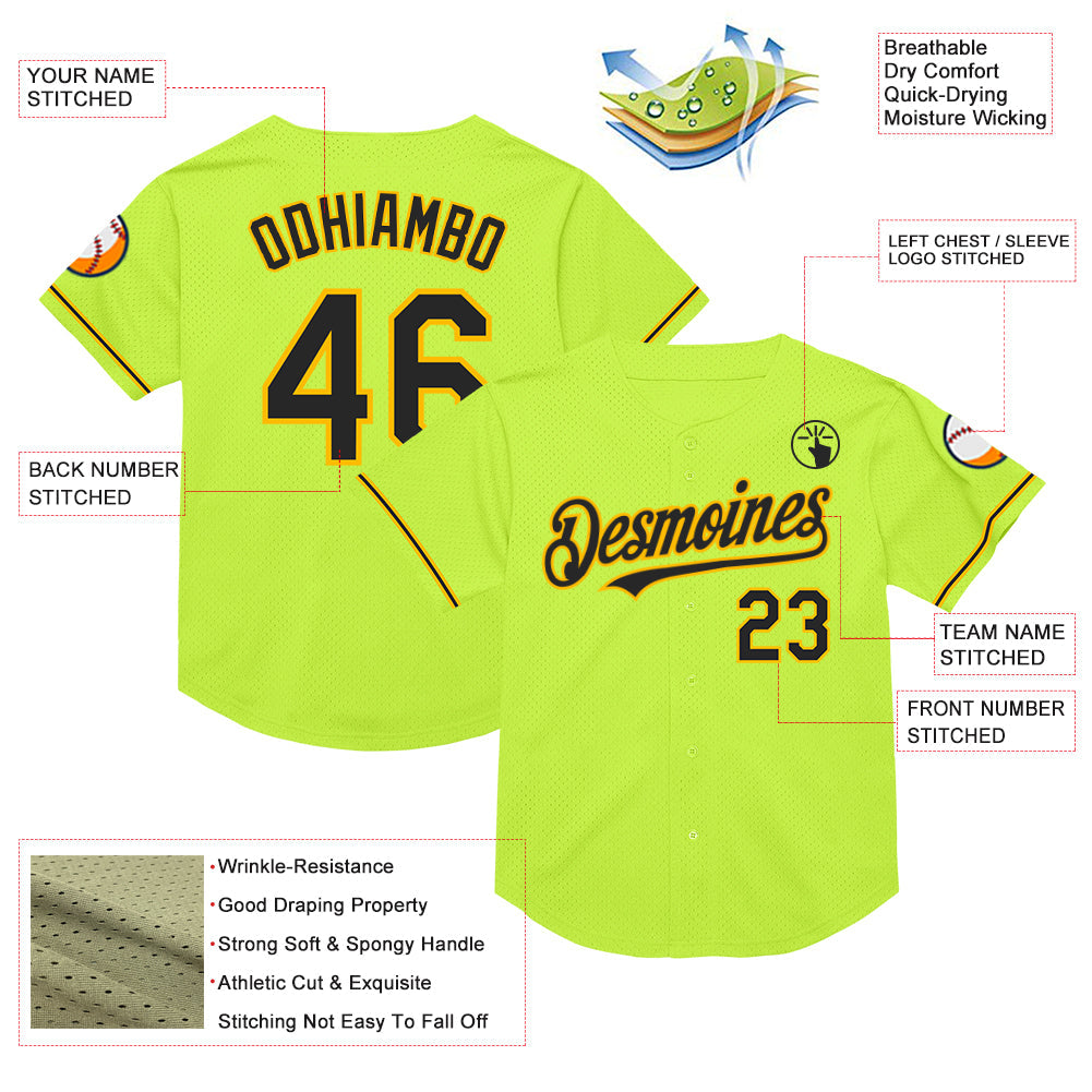 Custom Neon Green Black-Gold Mesh Authentic Throwback Baseball Jersey view 3
