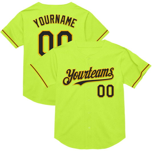 Custom Neon Green Black-Gold Mesh Authentic Throwback Baseball Jersey - Main View