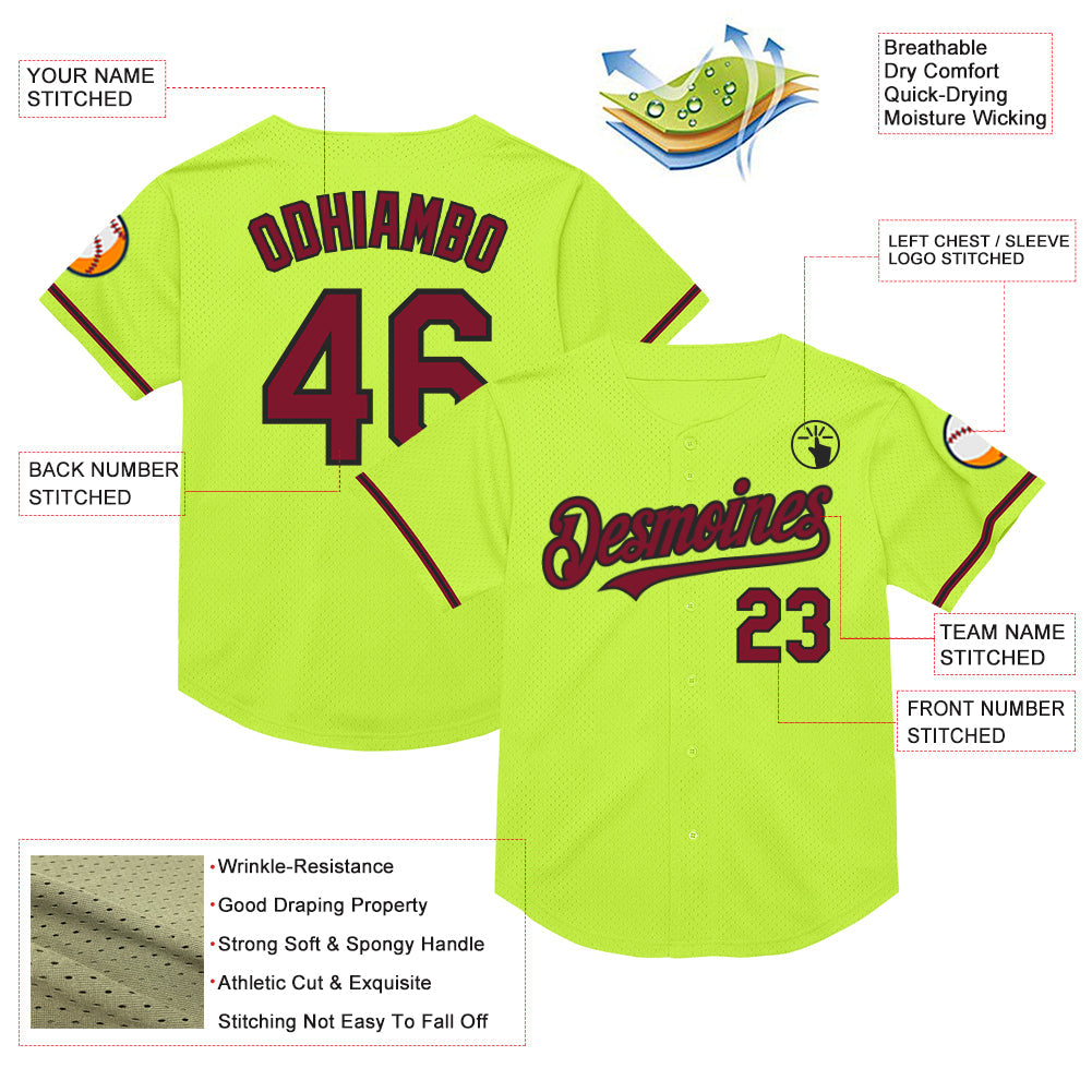 Custom Neon Green Crimson-Black Mesh Authentic Throwback Baseball Jersey view 3