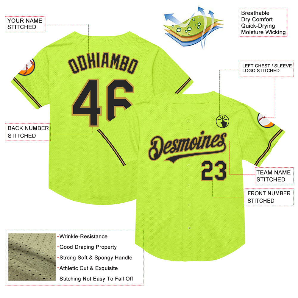 Custom Neon Green Black-Old Gold Mesh Authentic Throwback Baseball Jersey view 3
