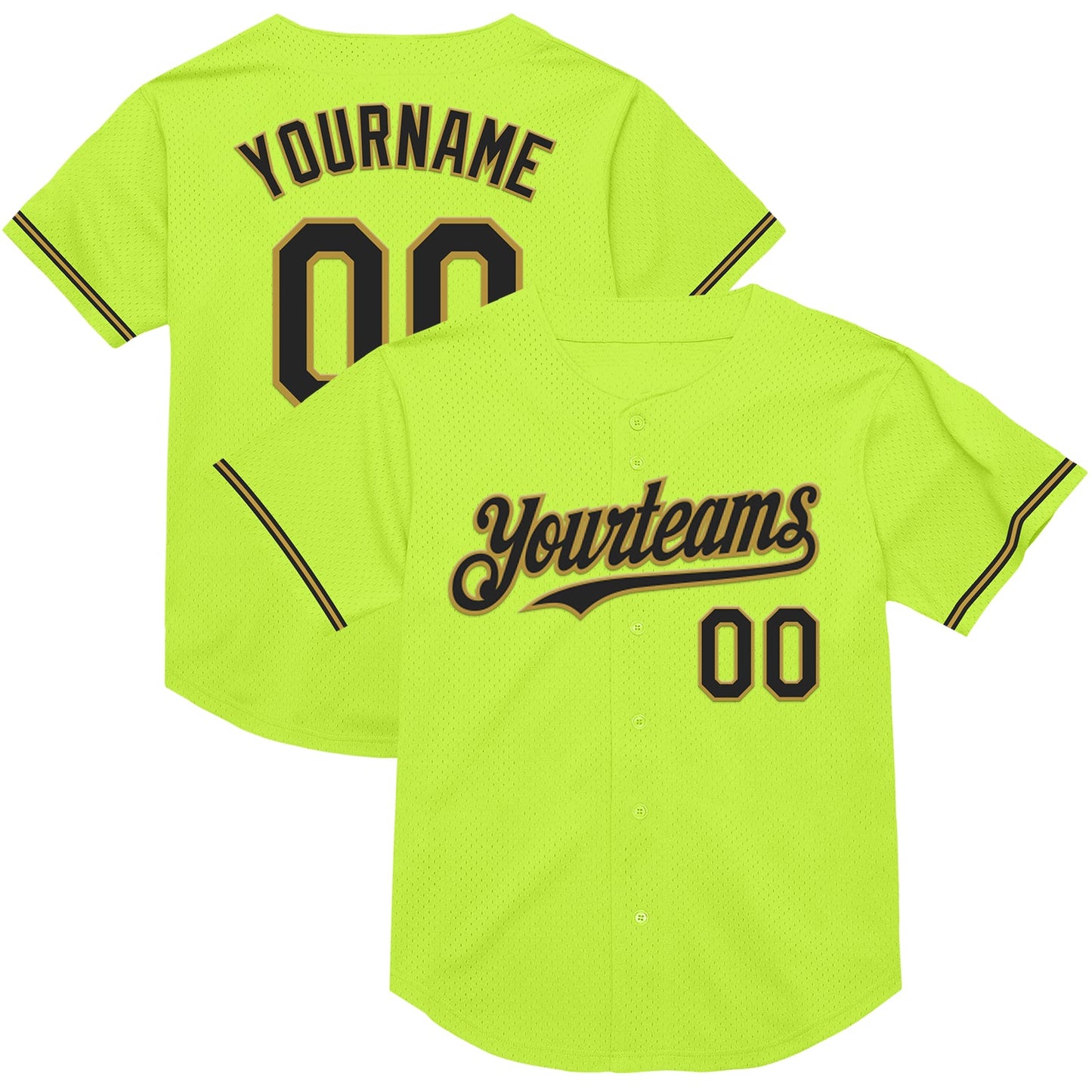 Custom Neon Green Black-Old Gold Mesh Authentic Throwback Baseball Jersey - Main View