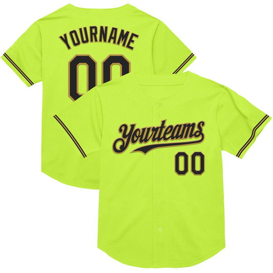 Custom Neon Green Black-Old Gold Mesh Authentic Throwback Baseball Jersey - Main View