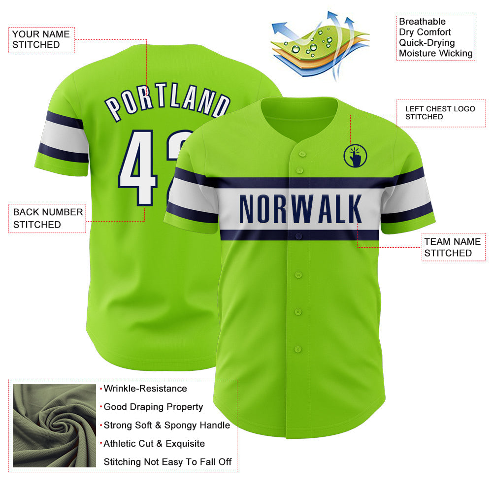 Custom Neon Green White-Navy Authentic Baseball Jersey view 3