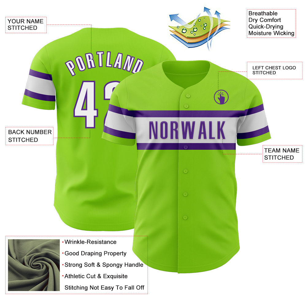 Custom Neon Green White-Purple Authentic Baseball Jersey view 3