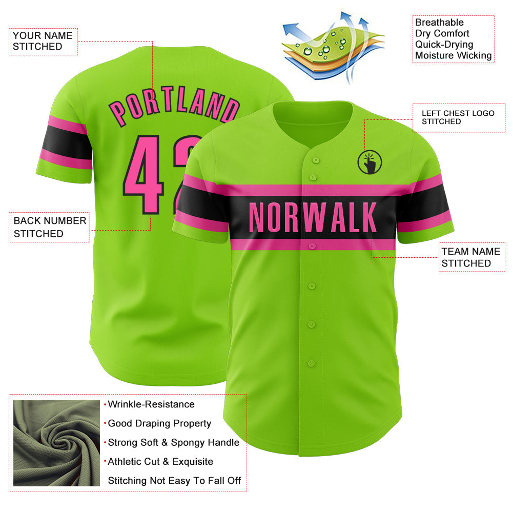 Custom Neon Green Pink-Black Authentic Baseball Jersey view 3
