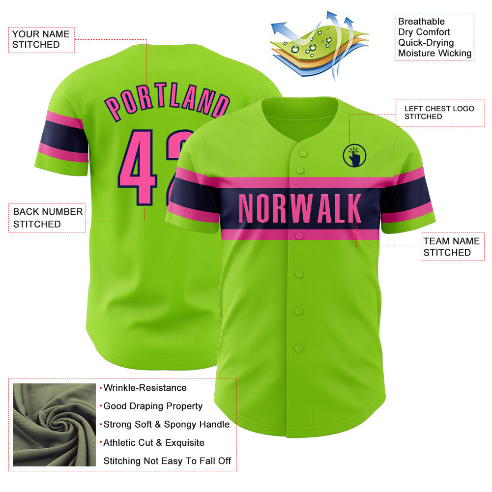 Custom Neon Green Pink-Navy Authentic Baseball Jersey view 3